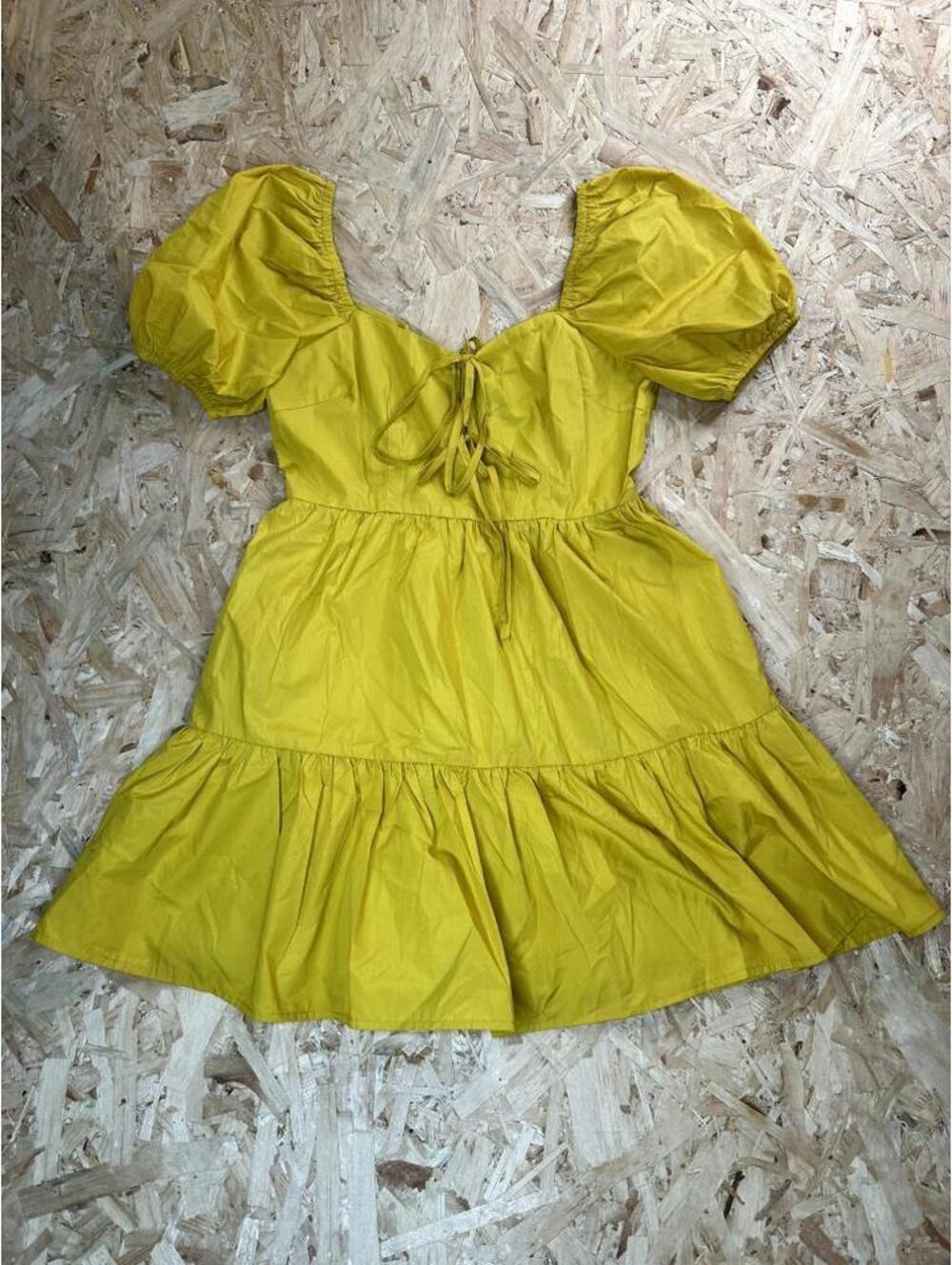 INA Women Yellow Puff Sleeve Mini Dress Size M Sweetheart Neck Tiered Babydoll
